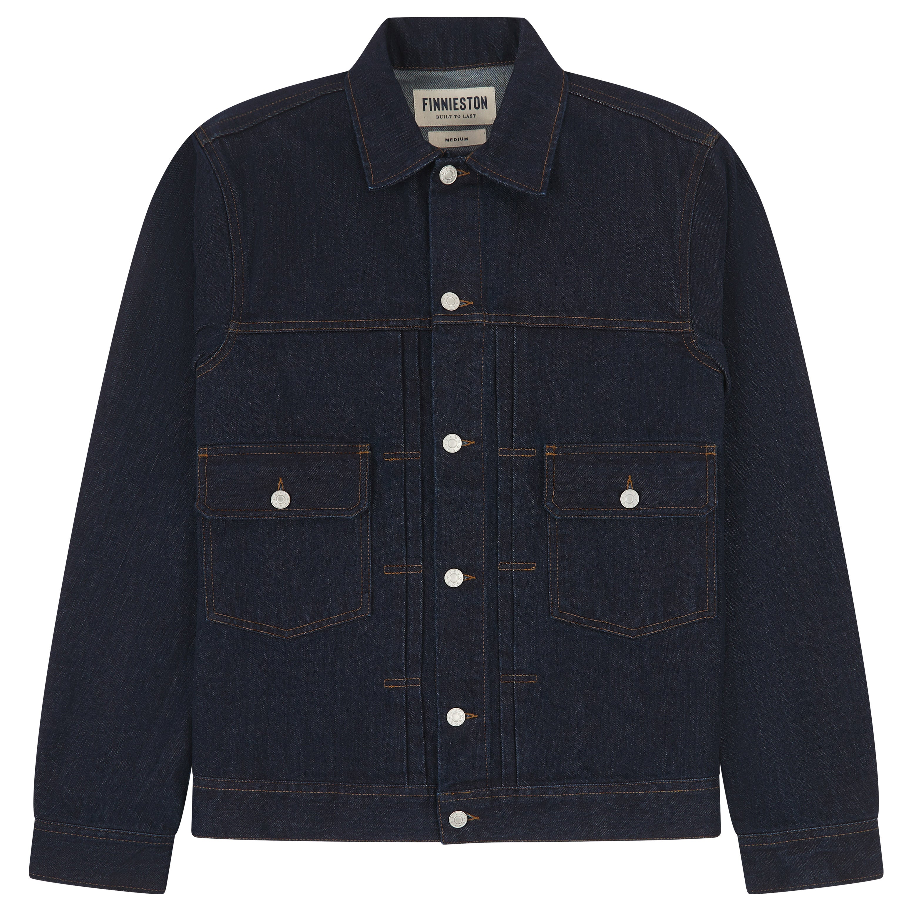 Dark denim jacket with button details on a white background