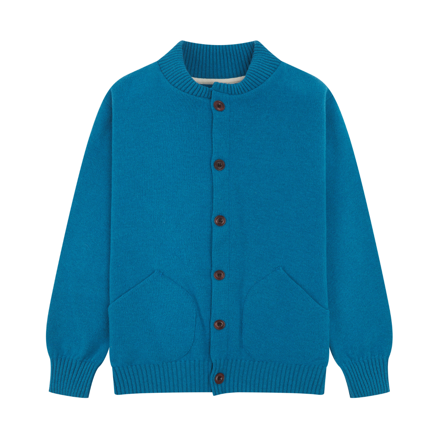 Blue cardigan with brown buttons on a white background