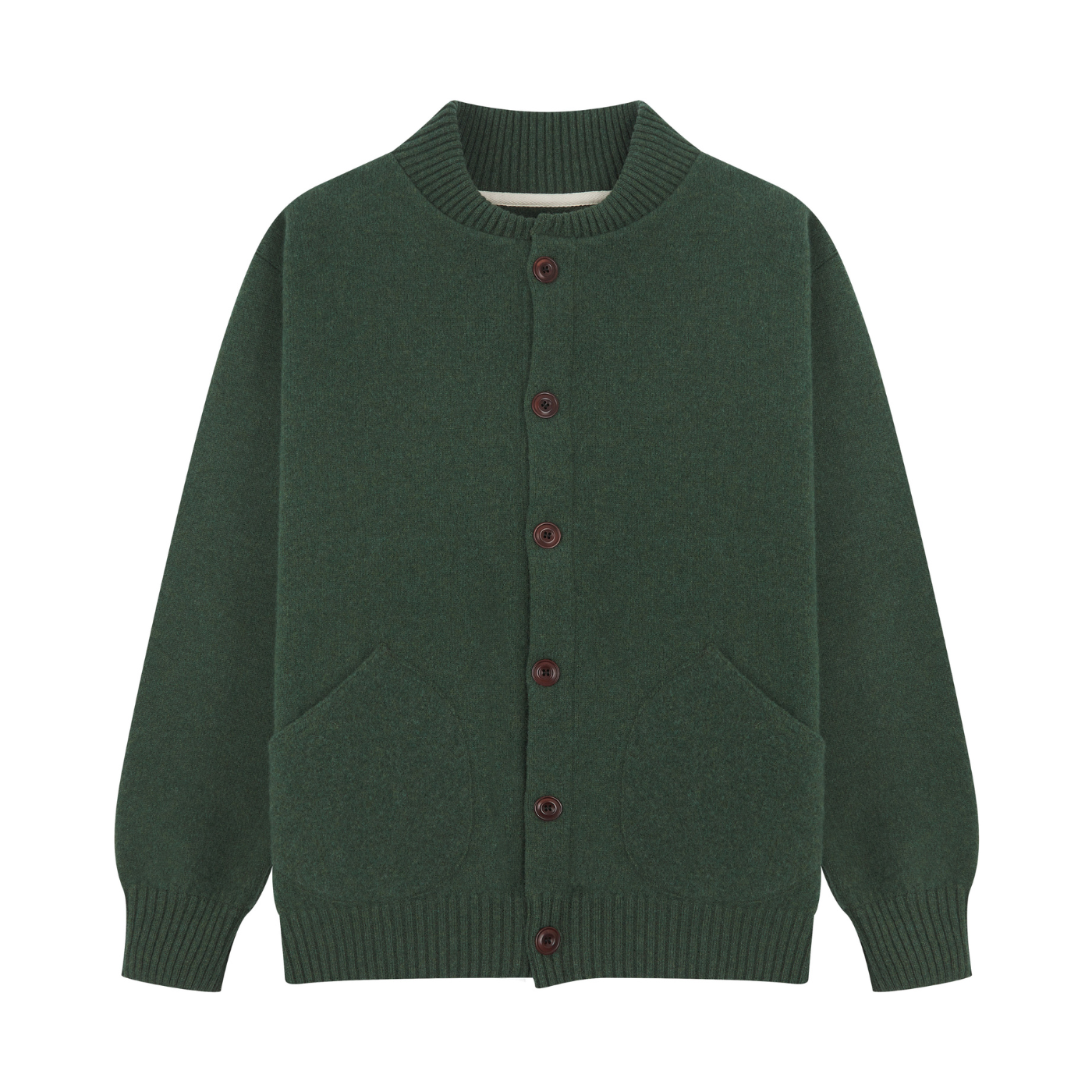 Green cardigan with brown buttons on a white background