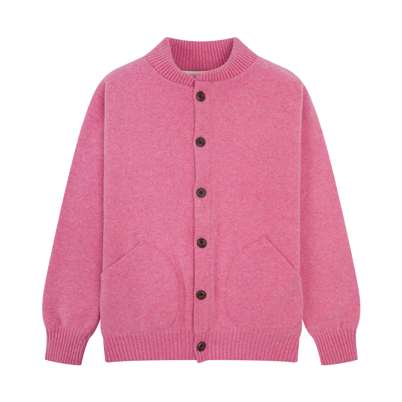 Pink cardigan with brown buttons on a white background