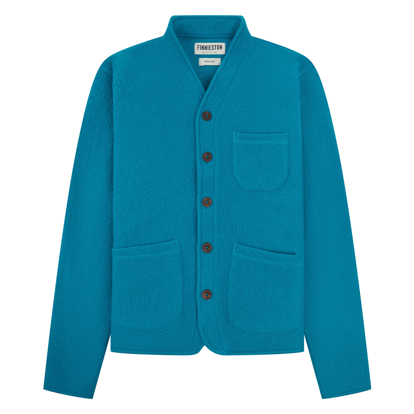 Blue wool cardigan with brown buttons on a white background