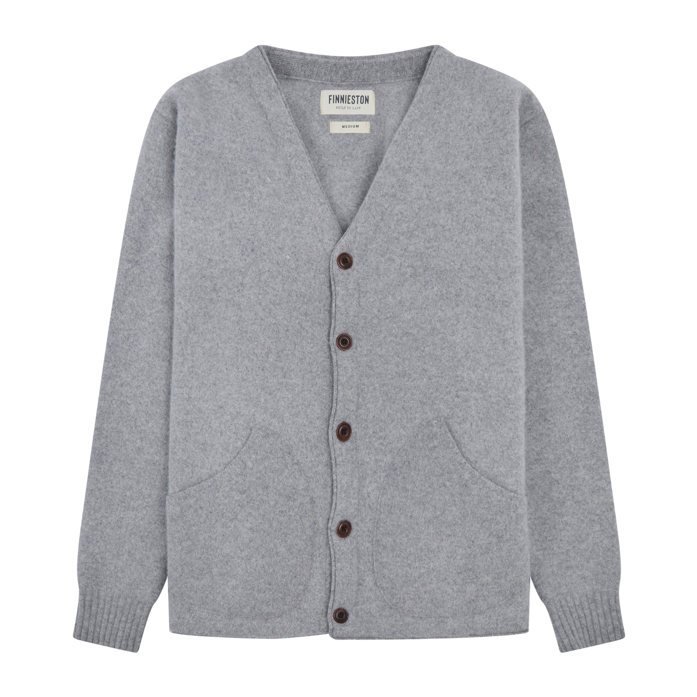 Grey cardigan with brown buttons on a white background