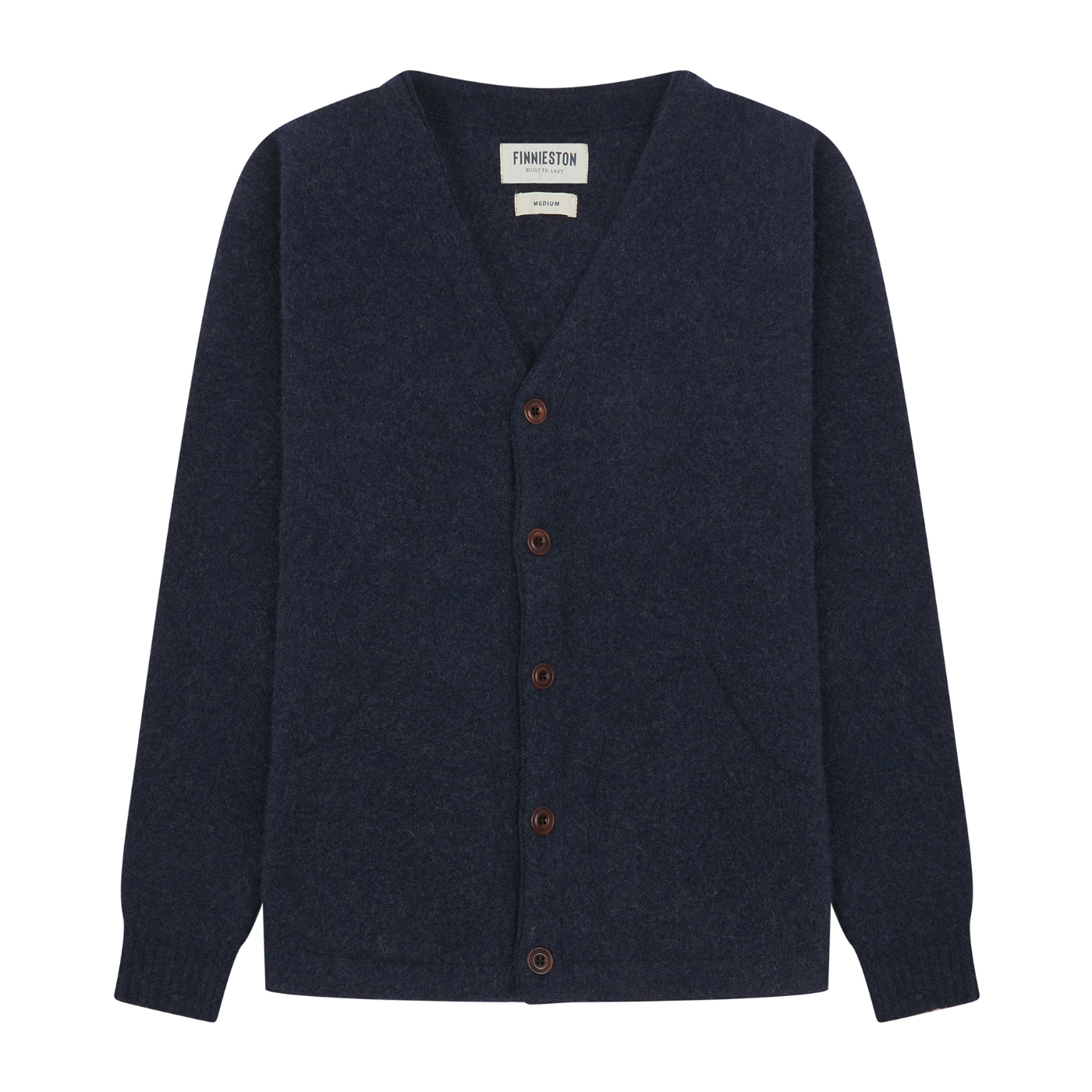 Navy cardigan with brown buttons on a white background