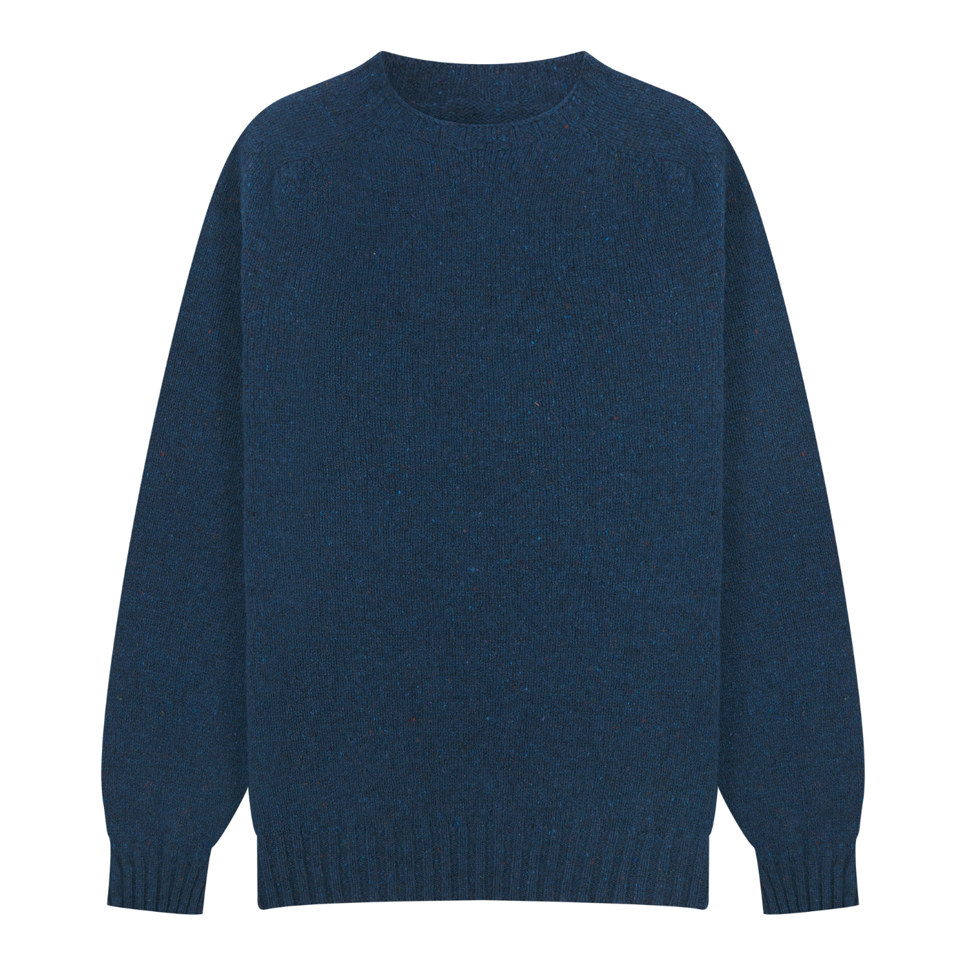 Blue wool sweater knit crewneck on a white background