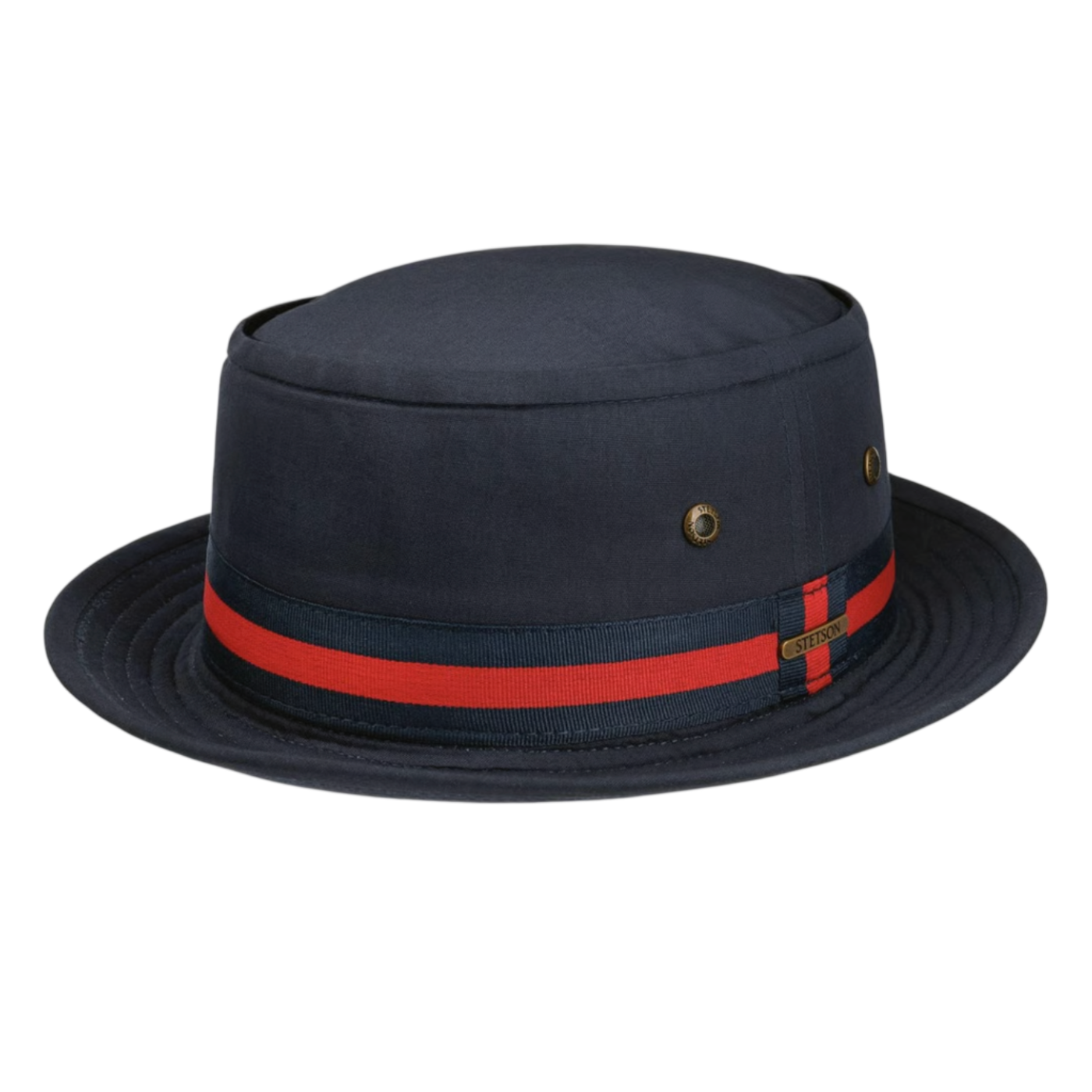 Navy blue hat with a red band on a white background