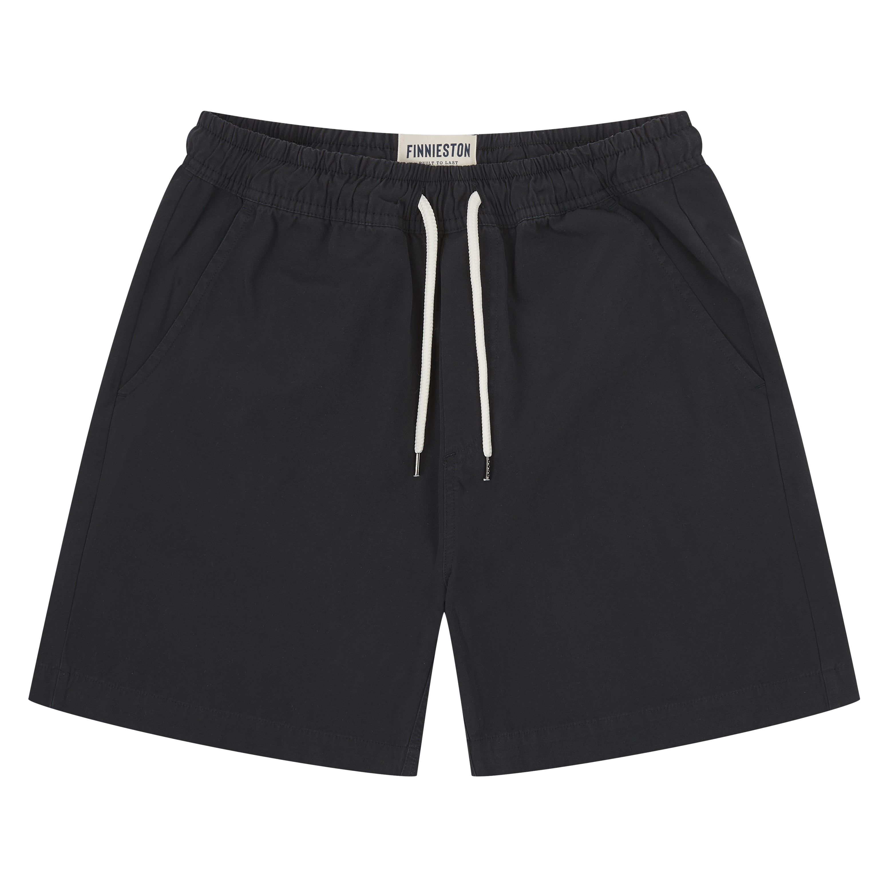 Black shorts with a drawstring on a white background