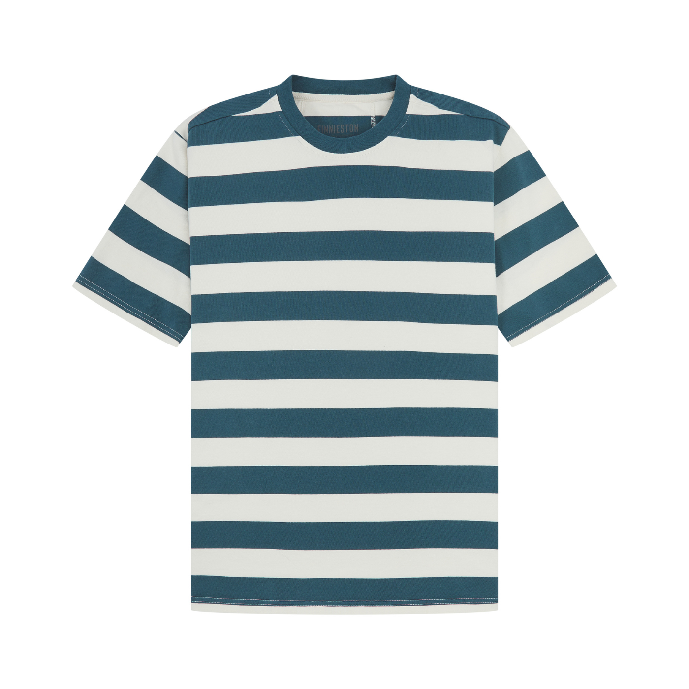 Blue and white striped t-shirt on a white background