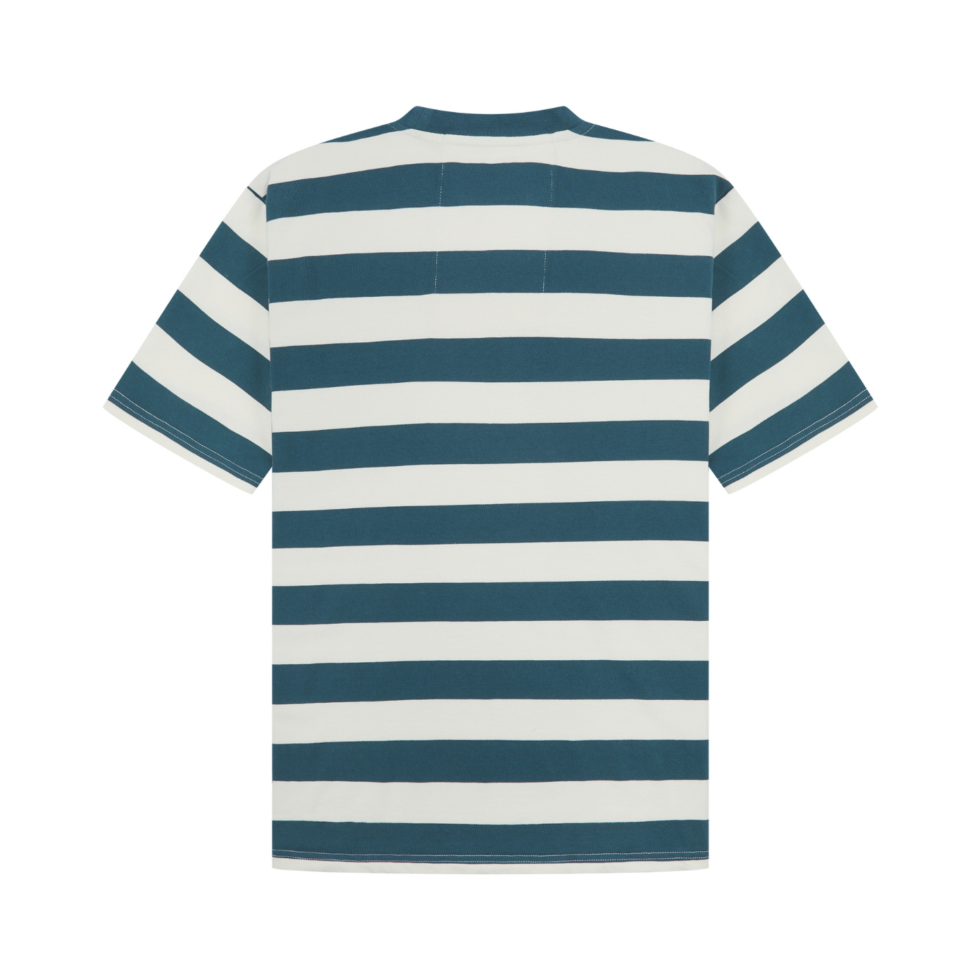 Back view of a blue and white striped t-shirt on a white background