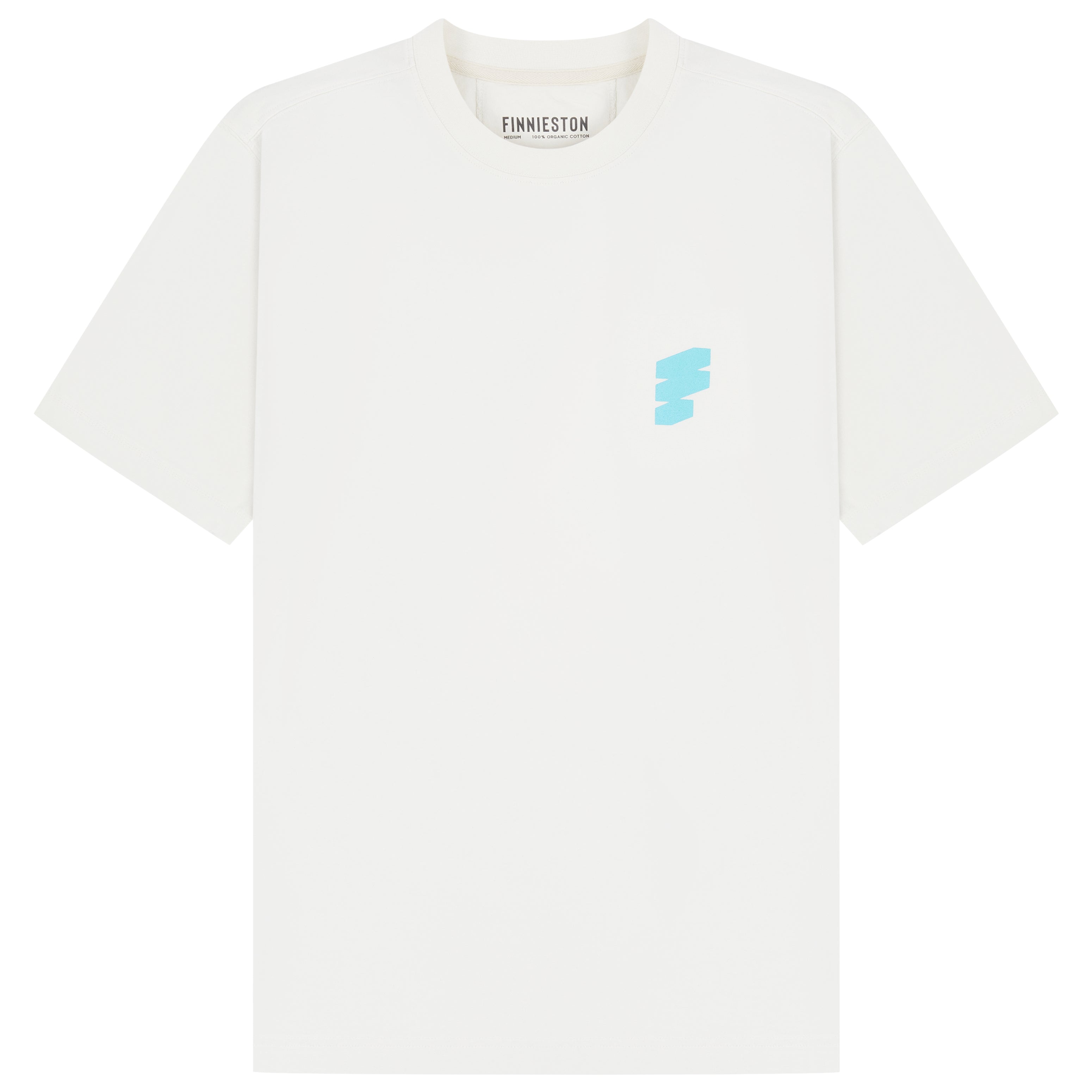 A white short-sleeve crewneck t-shirt with a small light blue abstract graphic on the left chest, displayed flat against a white background.