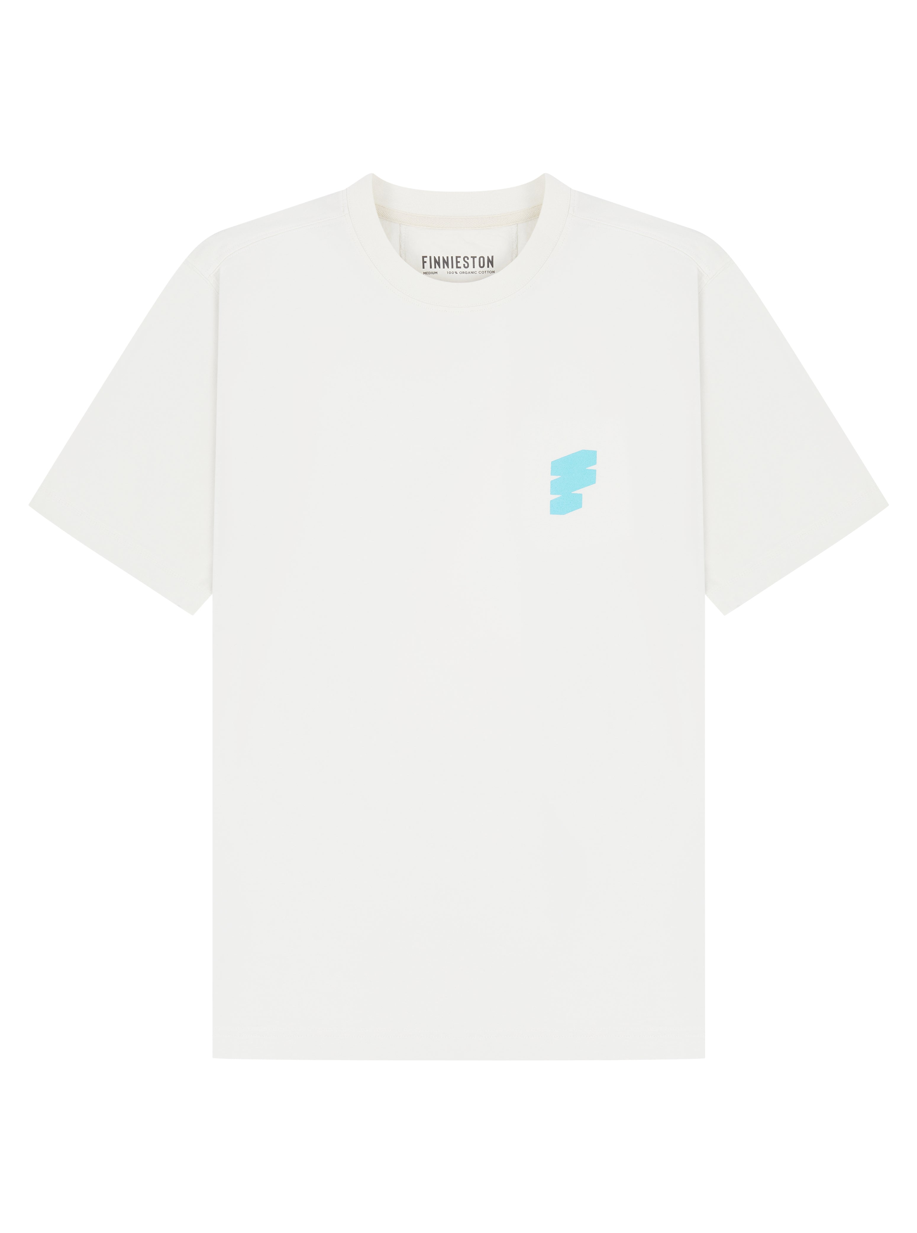 A white short-sleeve crewneck t-shirt with a small light blue abstract graphic on the left chest, displayed flat against a white background.