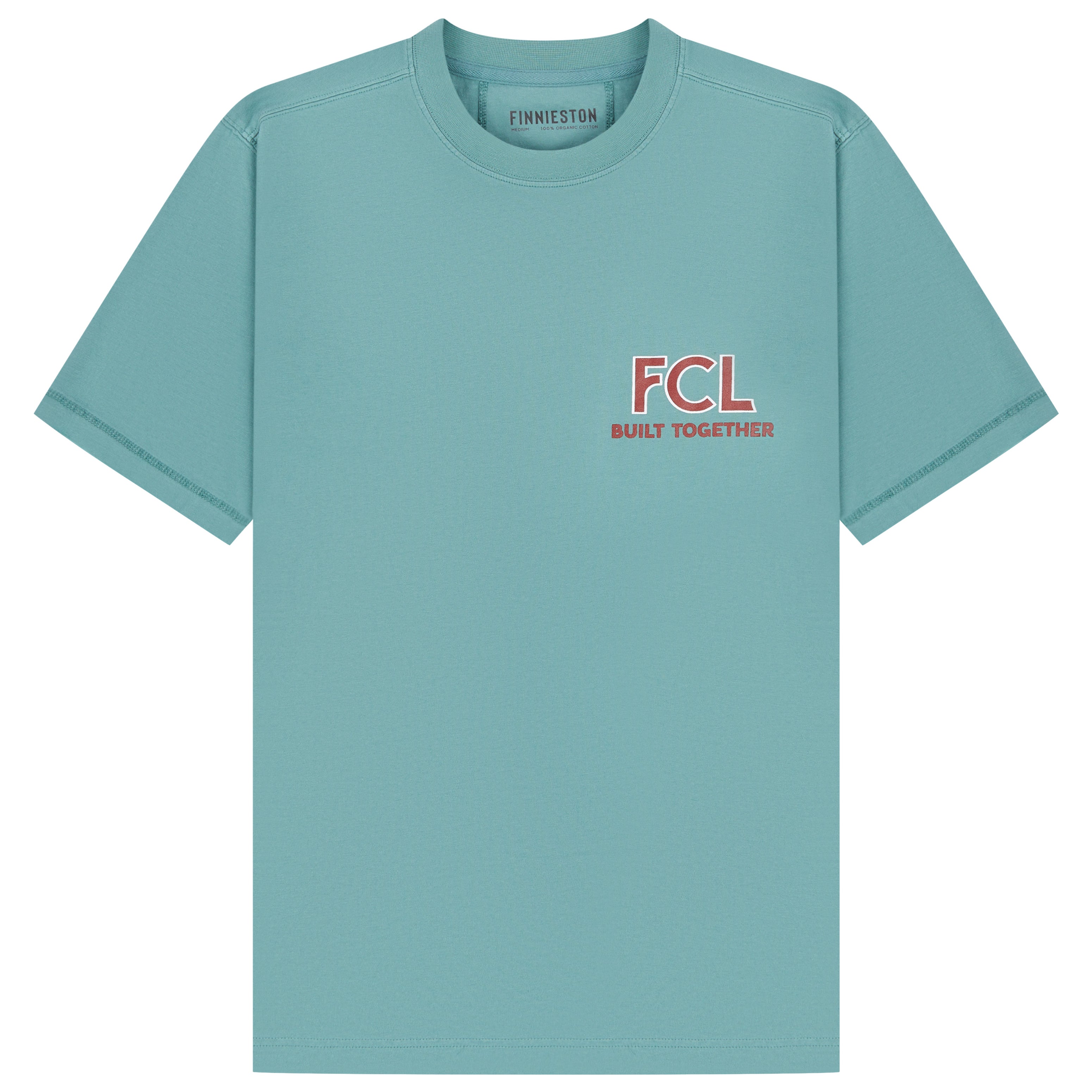 A light teal short-sleeve crewneck t-shirt with a small red and white graphic on the left chest reading 'FCL BUILT TOGETHER'. The brand name 'FINNIESTON' is visible printed inside the collar.