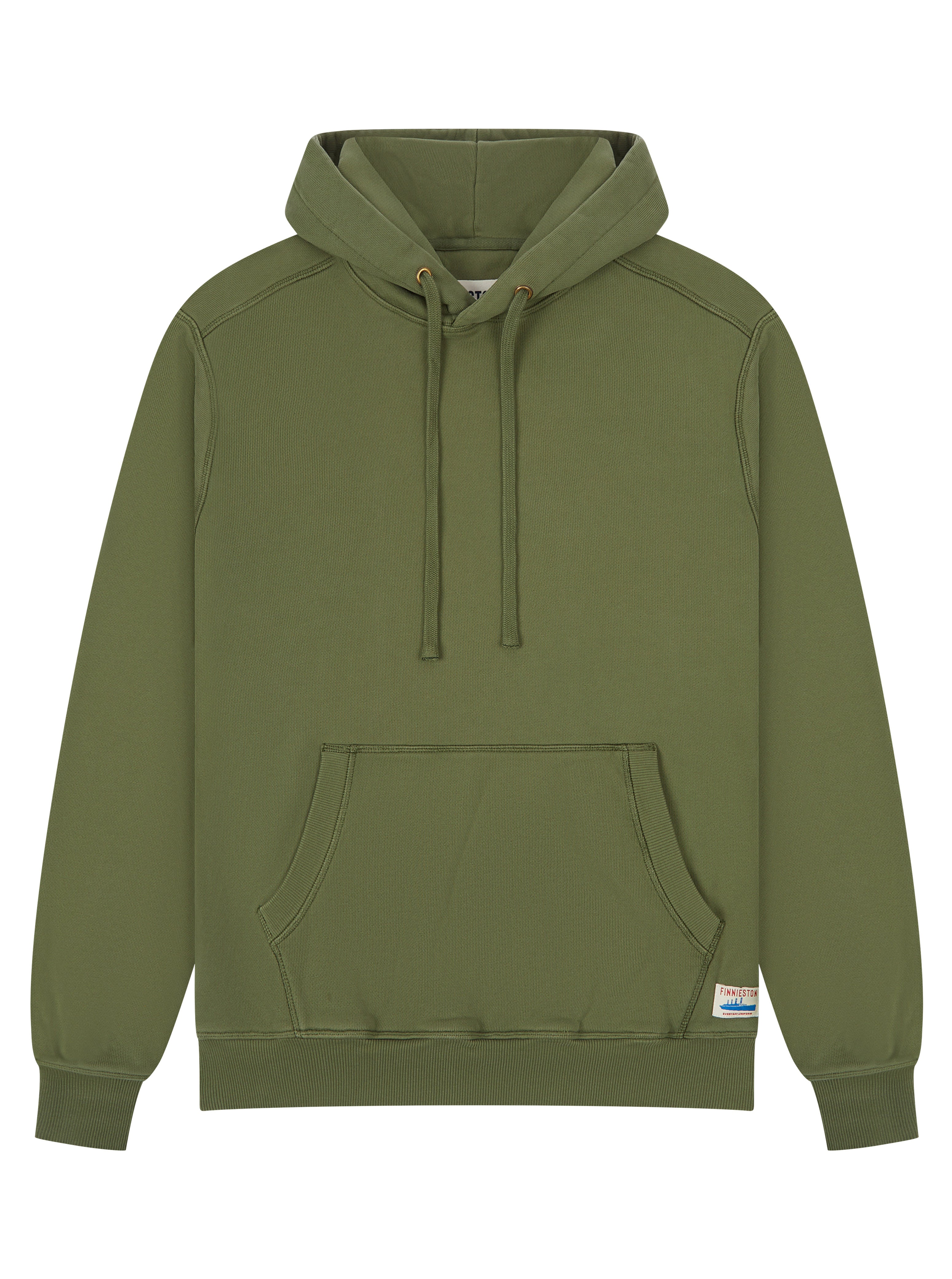 An olive green pullover hoodie with a front kangaroo pocket and drawstrings, shown against a plain white background.