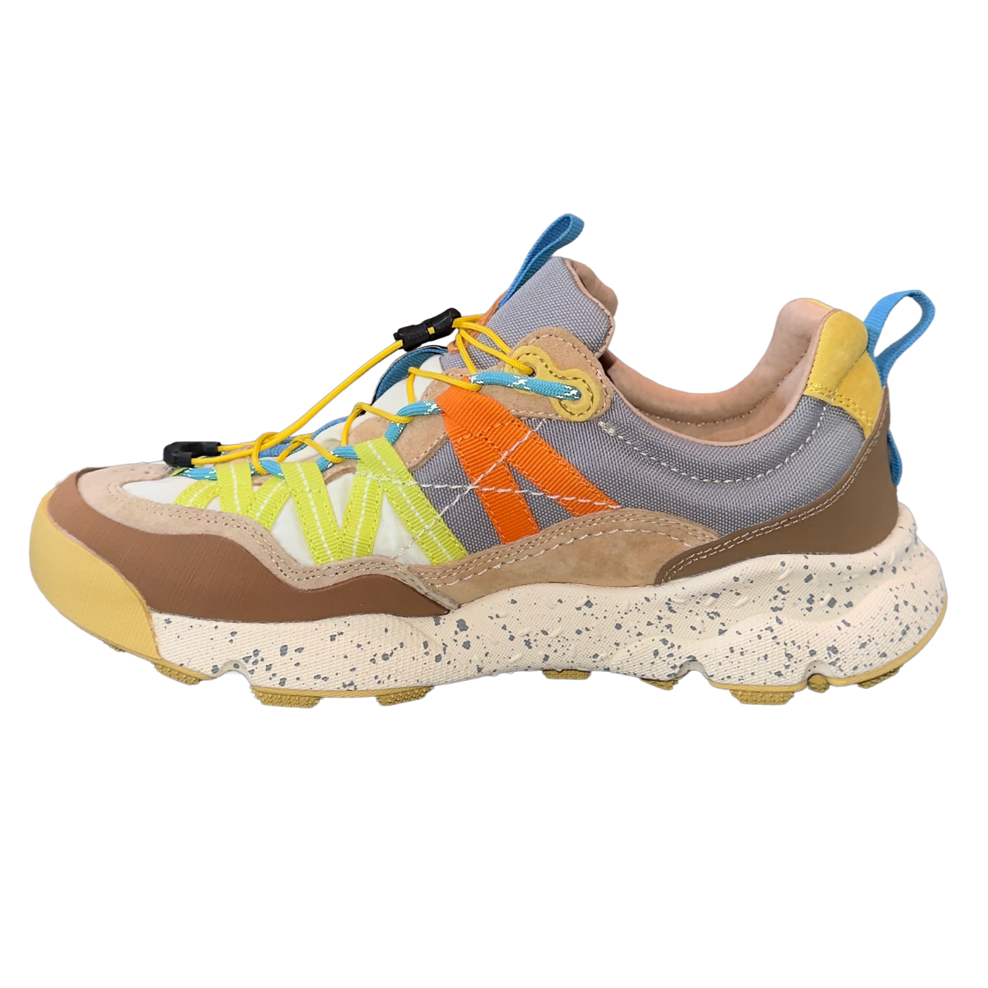 Colorful sneaker with a multicolor sole on a white background