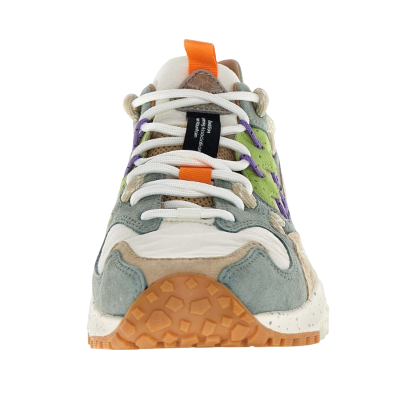 Multicolored sneaker with a white sole on a white background