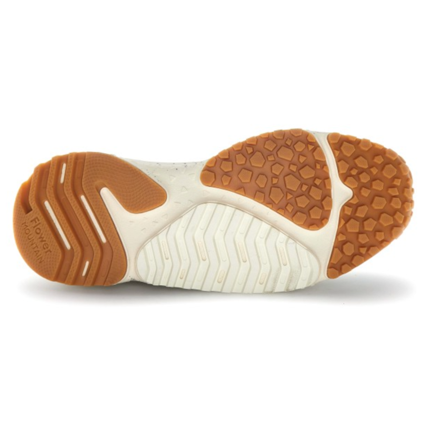 Close-up of a shoe sole with brown and white tread pattern on a white background