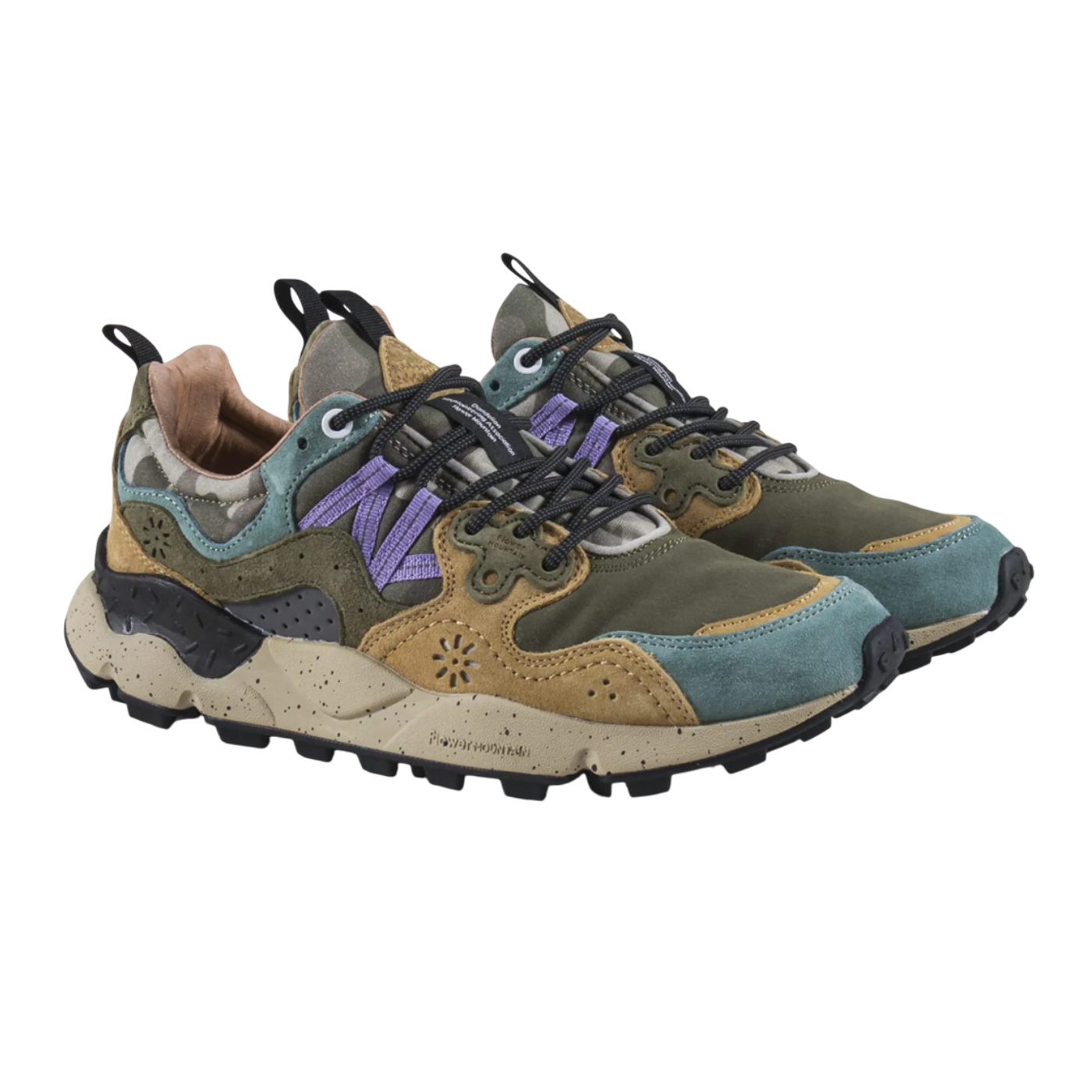 Flower Mountain Multicolored sneakers with a mix of brown, green, and purple on a white background