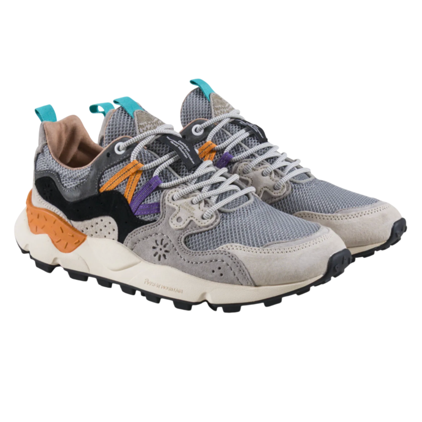 Gray and orange sneakers with colorful accents on a white background