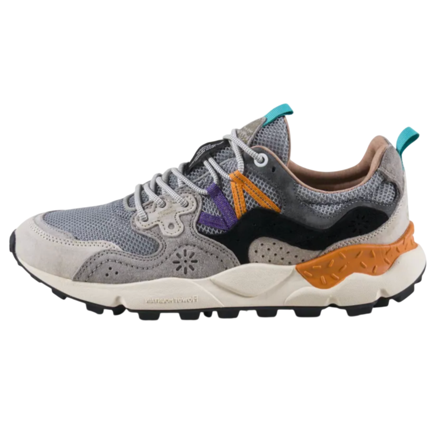 Multicolored sneaker with gray, orange, and purple accents on a white background