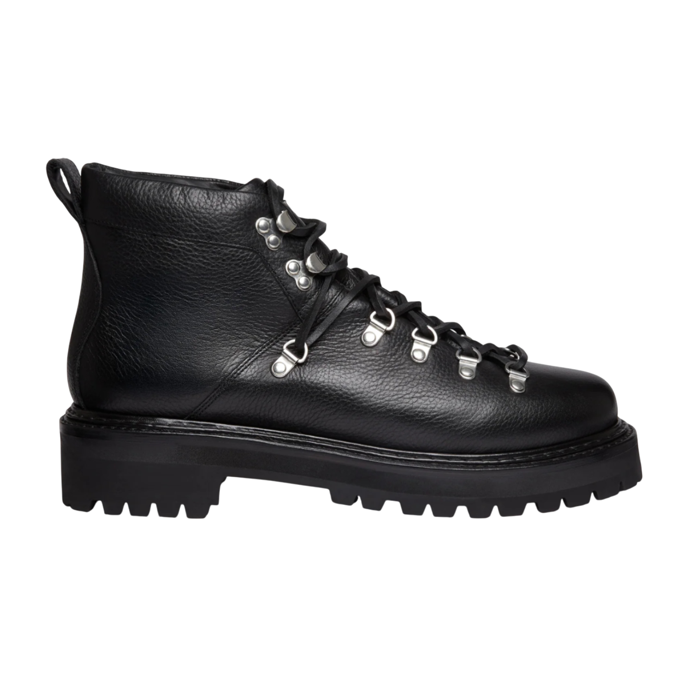 Black leather boot with silver studs on a white background