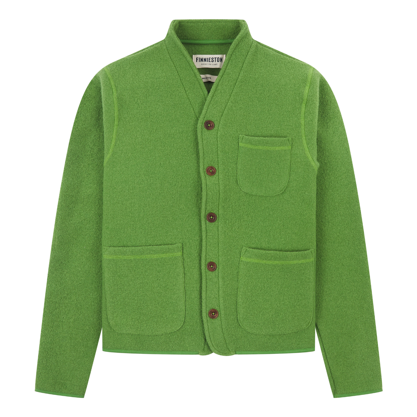 Green cardigan with button details on a white background