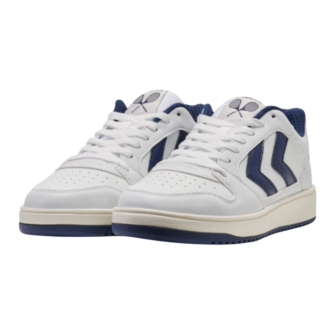 White sneakers with blue accents on a white background