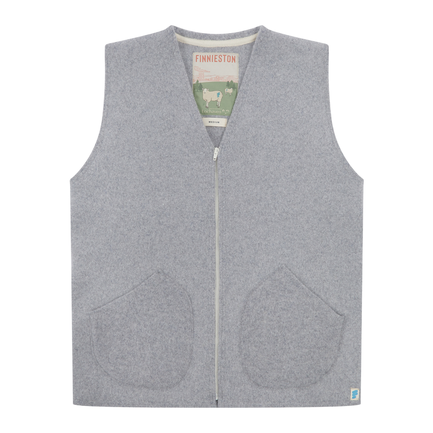 Gray wool vest with a brand label on a white background