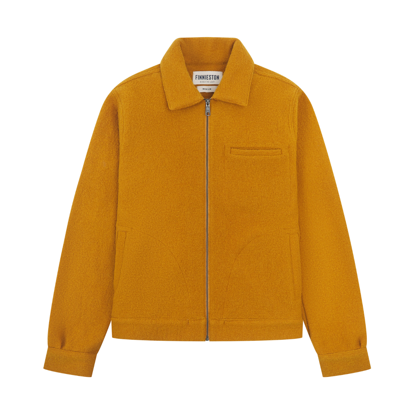 Yellow wool jacket with a brand logo on a white background