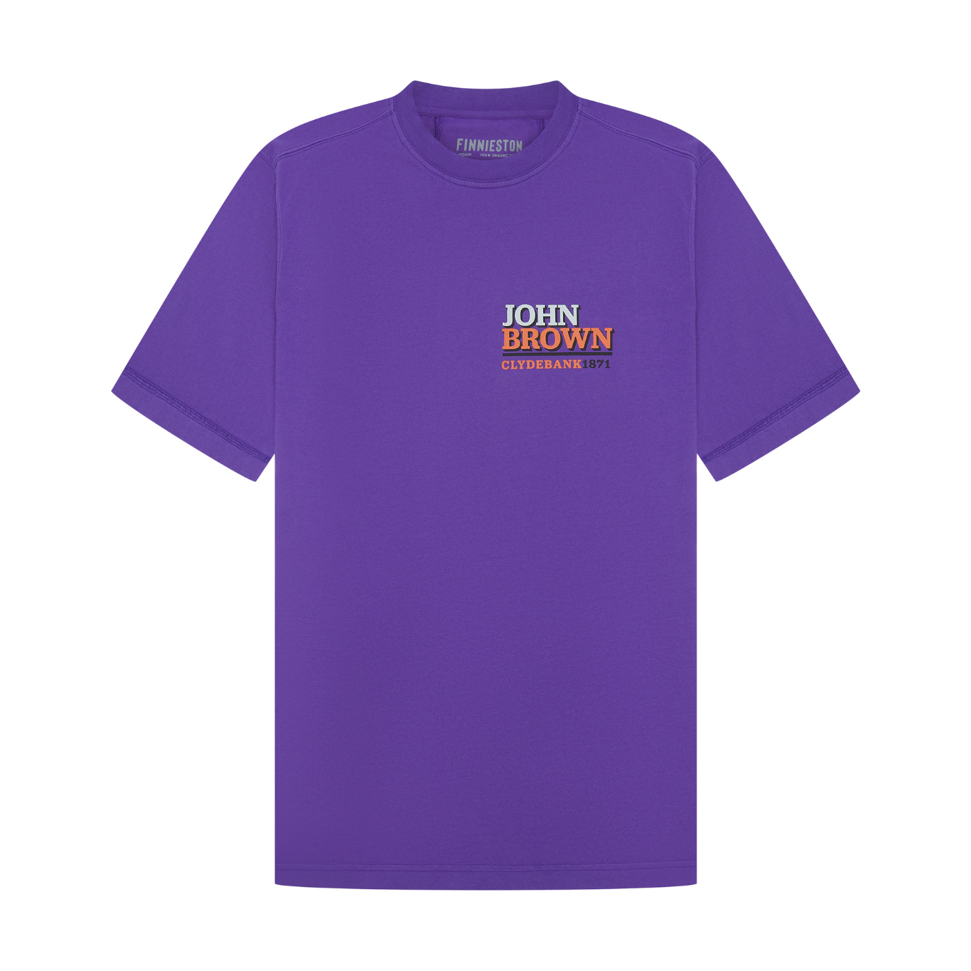 Purple t-shirt with 'John Brown' logo on a white background