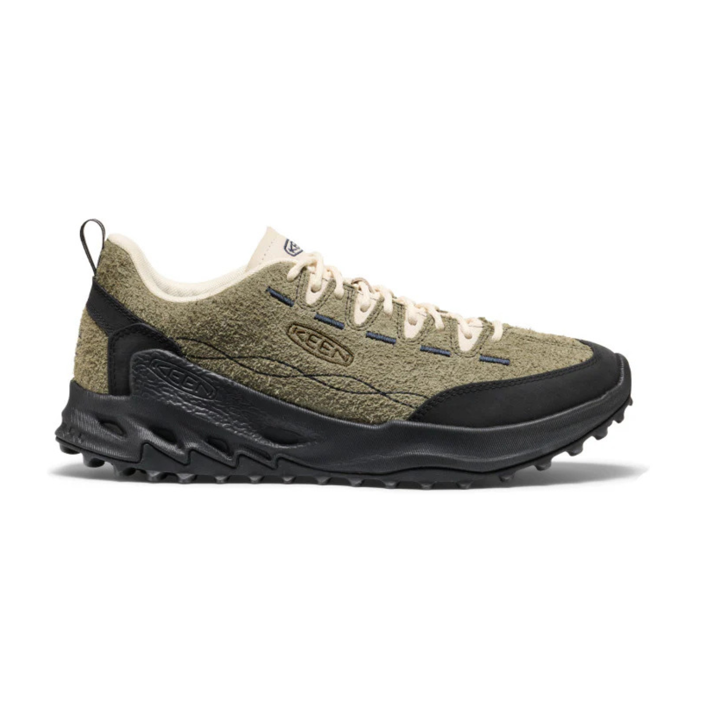 Green hiking shoe with black sole on a white background
