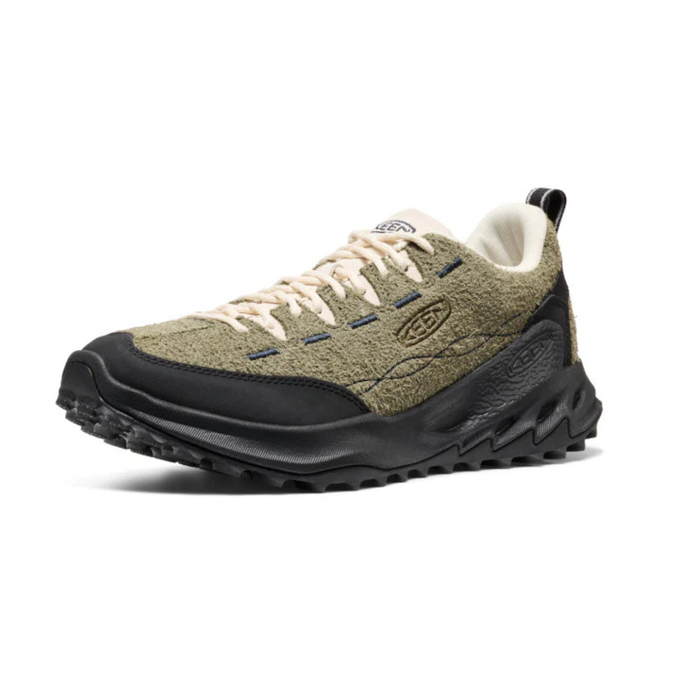 Green hiking shoe with black sole on a white background