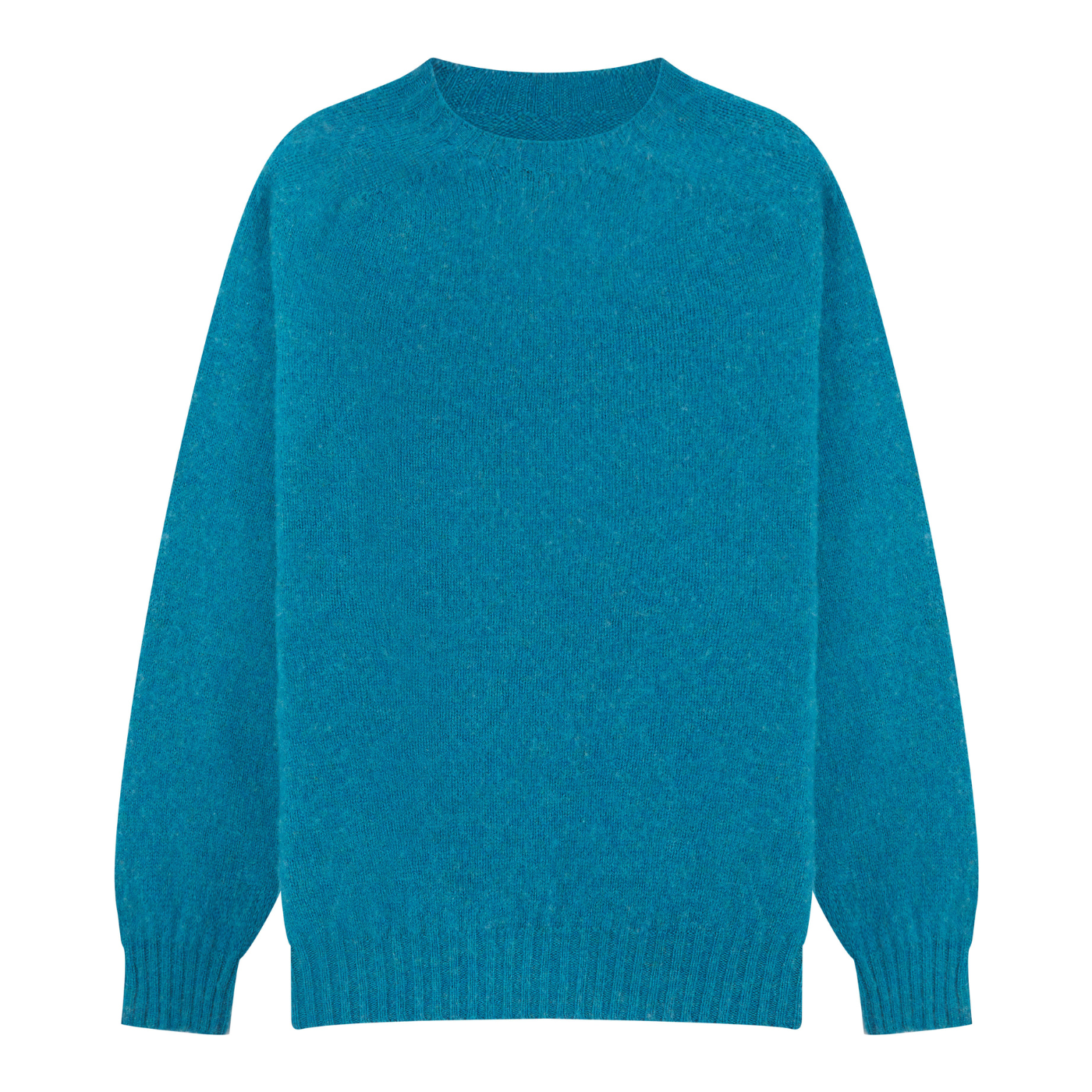 Blue wool knit sweater crewneck jumper on a white background