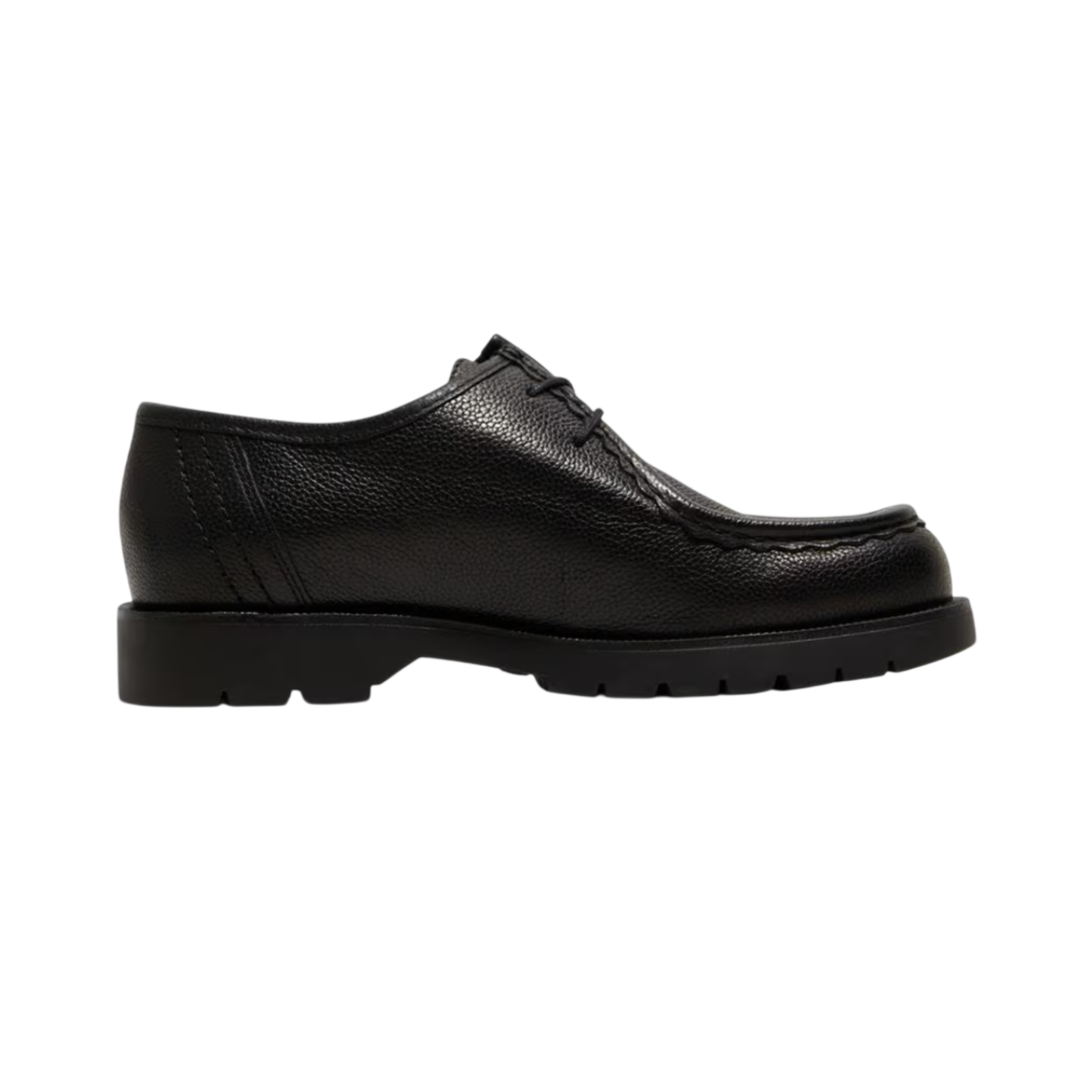 Black leather dress shoe on a white background