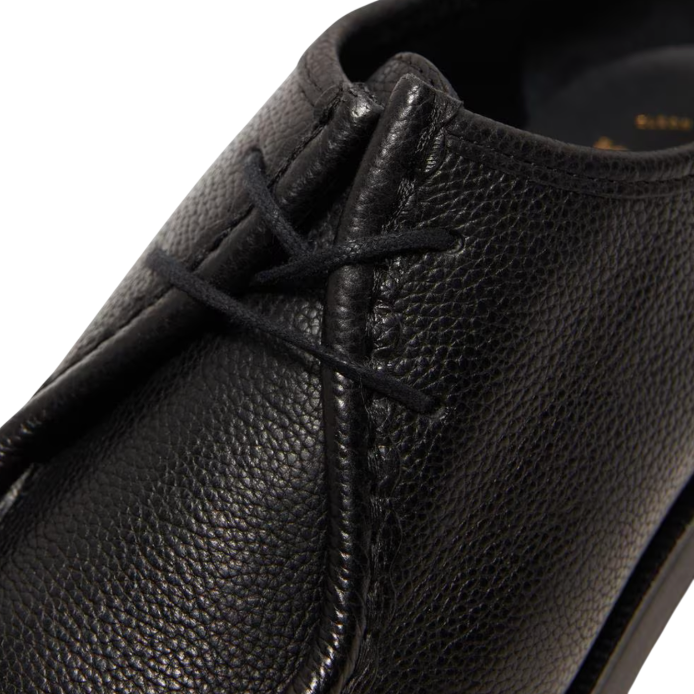 Close-up of a black leather shoe with laces on a white background