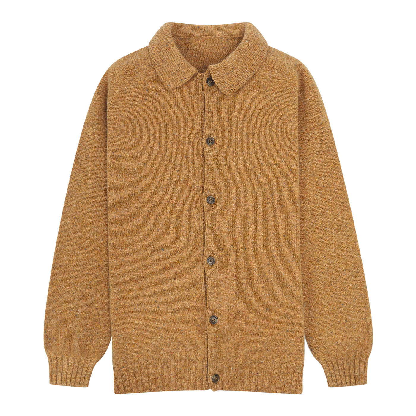 Mustard yellow knit cardigan with collar and brown buttons on a white background