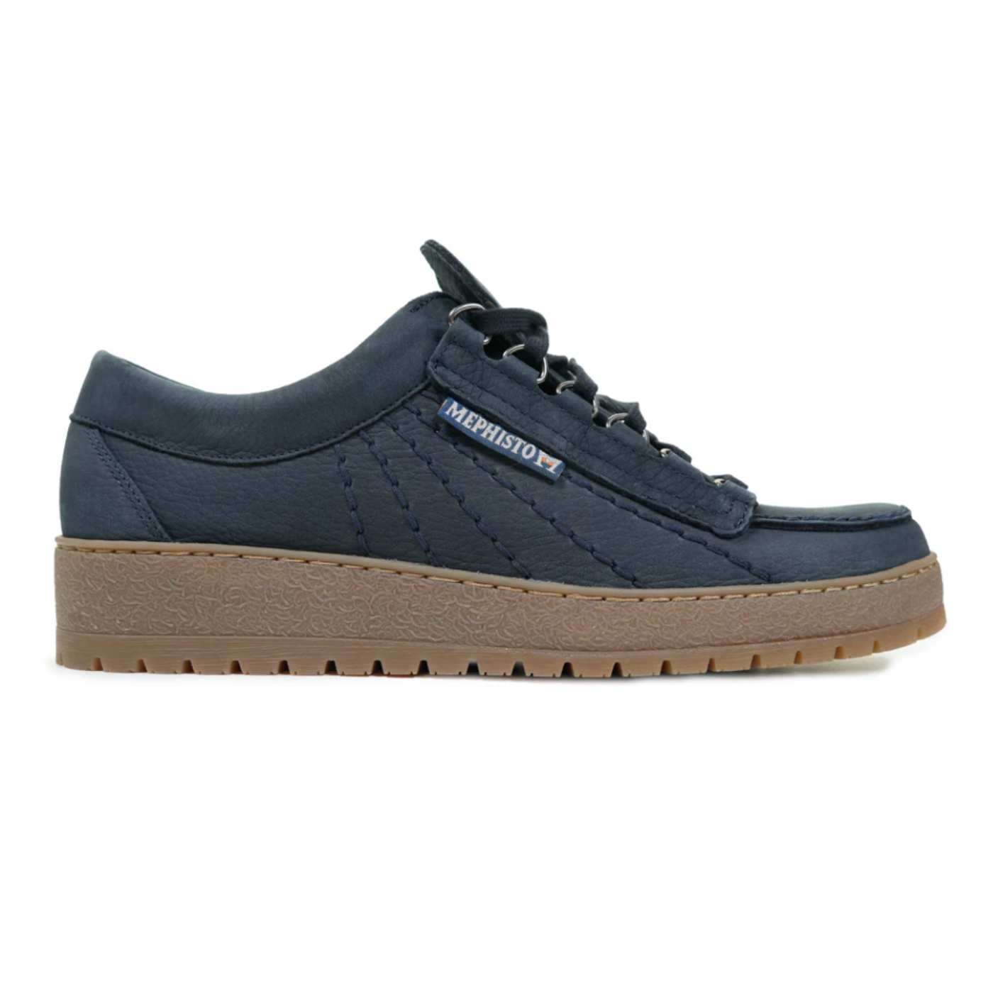 Navy blue shoe with brown sole on a white background