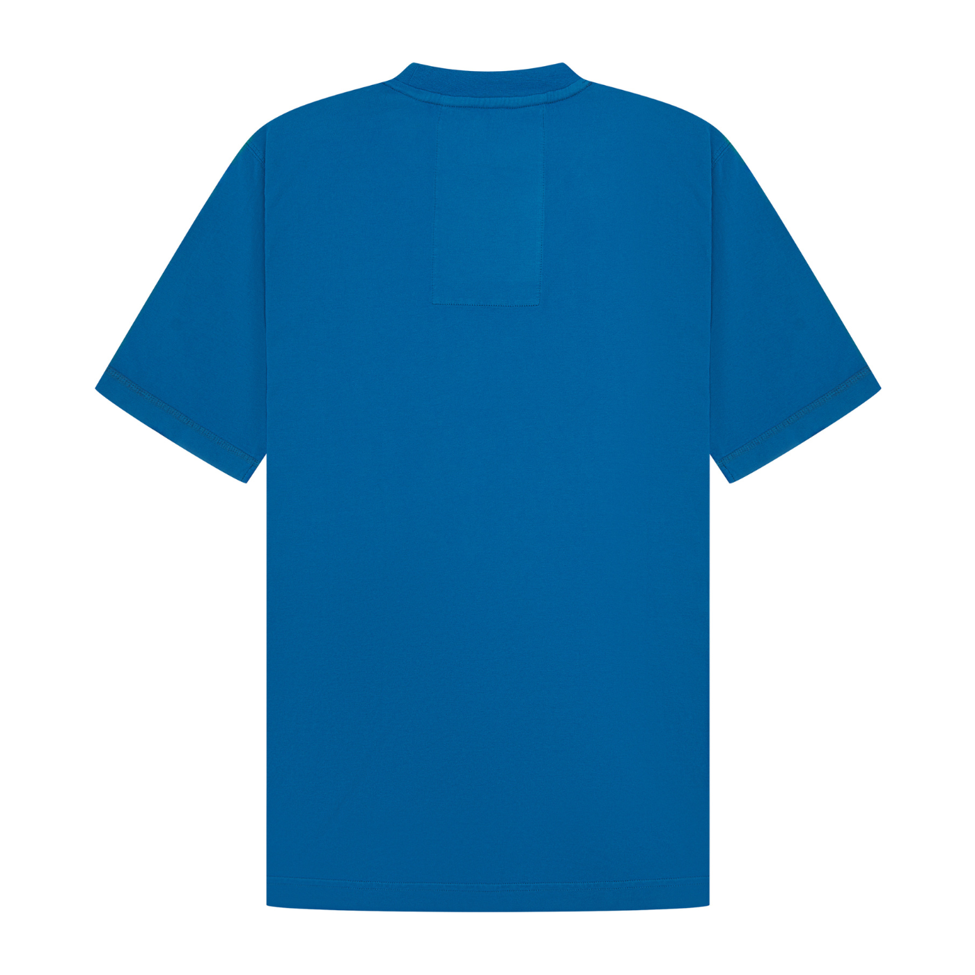 Blue t-shirt with a pocket on the back against a white background