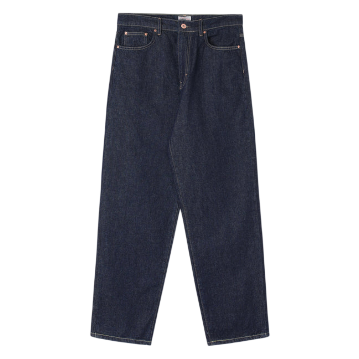 Pair of dark blue jeans on a white background