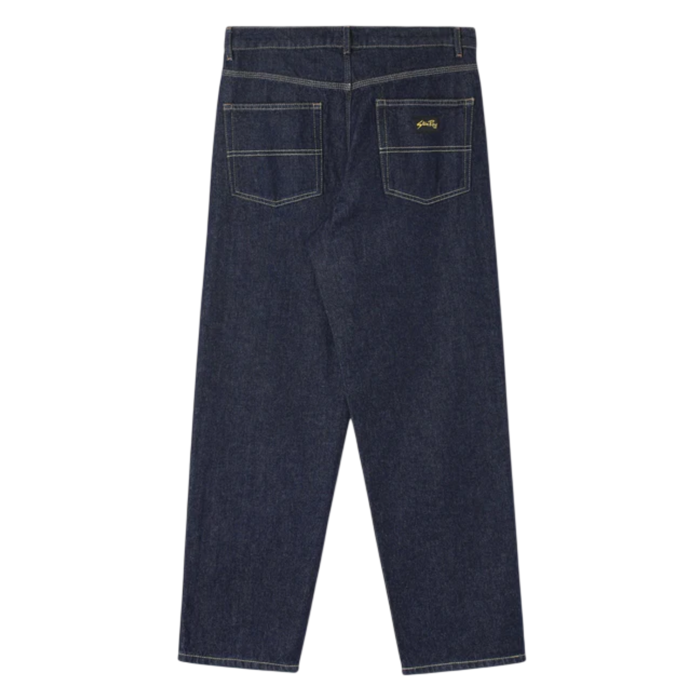 Back view of dark blue jeans with a brand logo on a white background