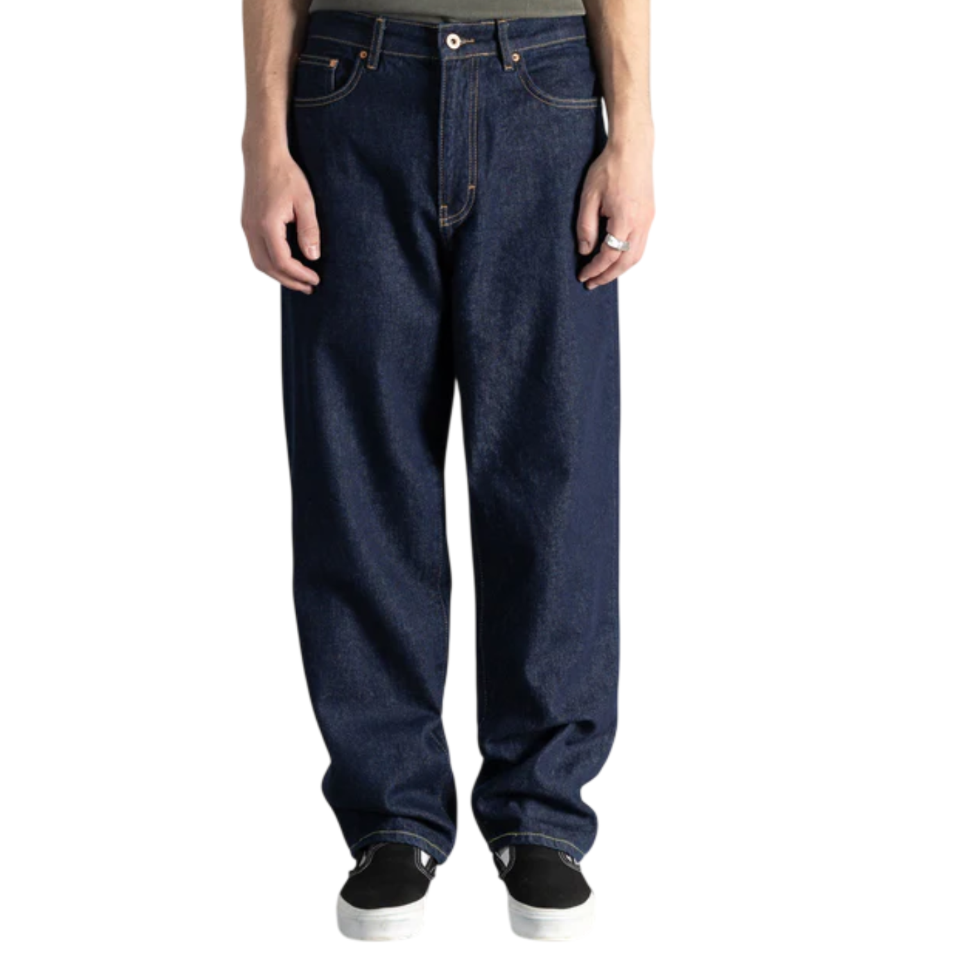 Person wearing blue jeans on a white background