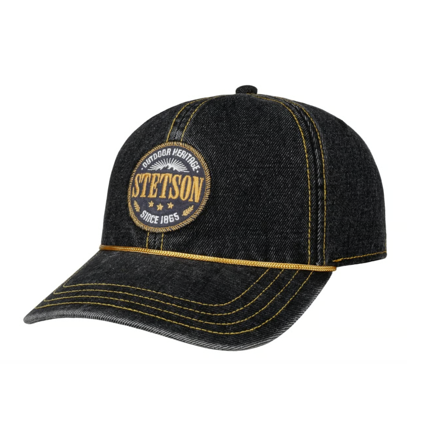 Black denim cap with gold stitching and Stetson logo on a white background