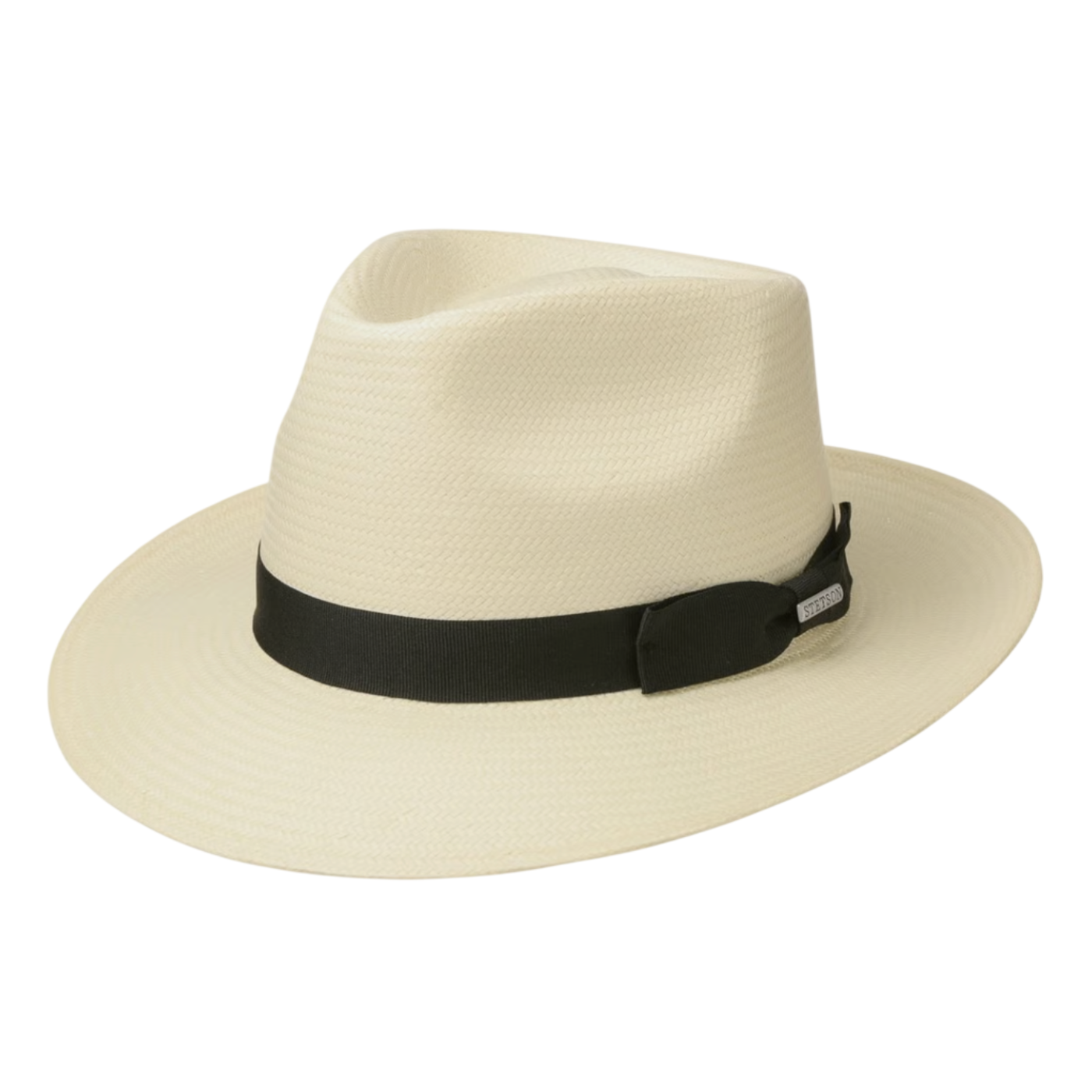Beige straw hat with a black band on a white background
