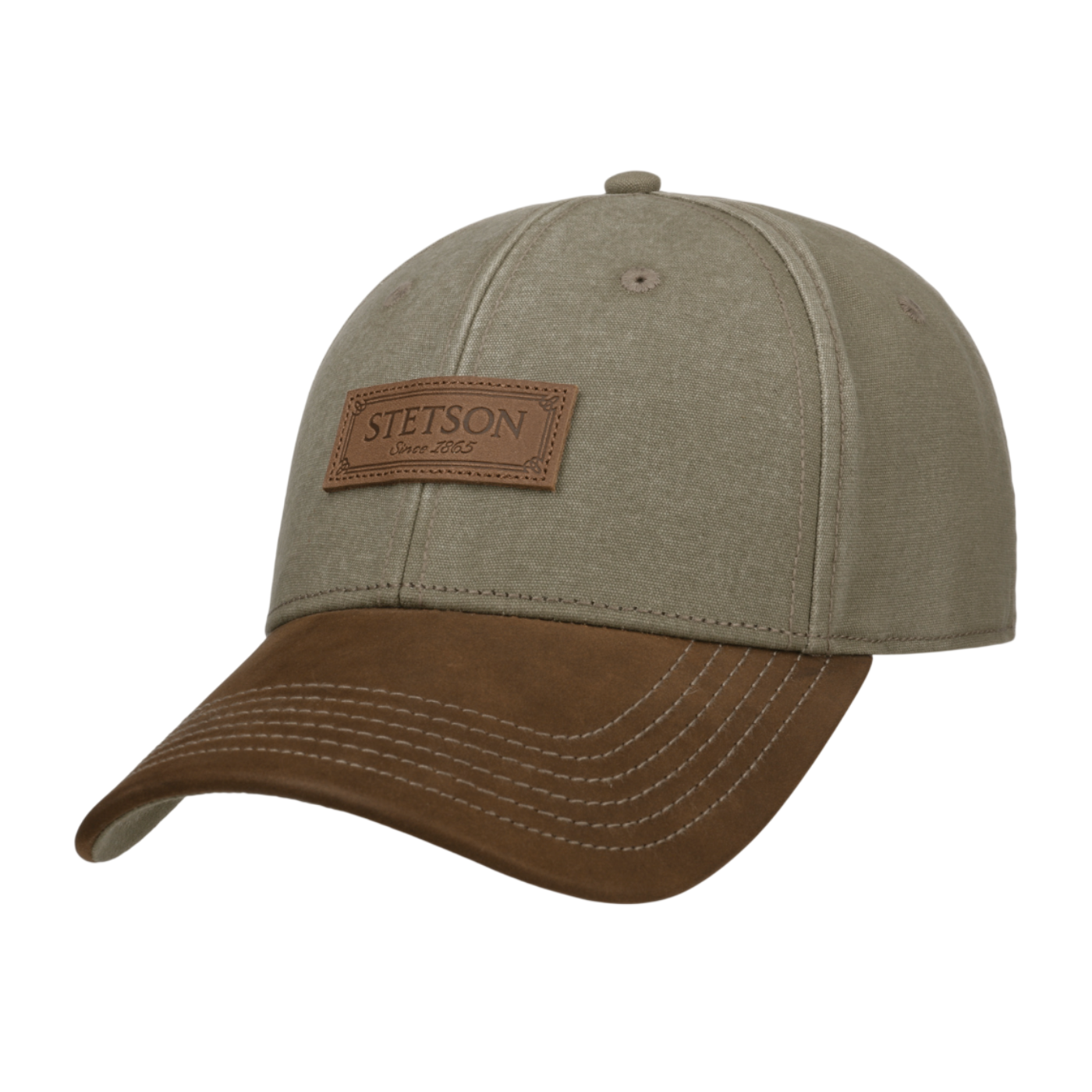 Brown and green cap with Stetson logo on a white background