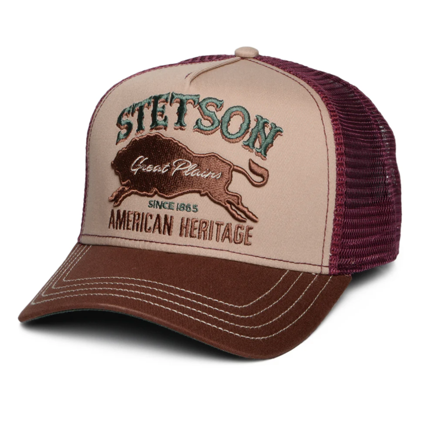 Stetson cap with maroon mesh back and brown front on a white background
