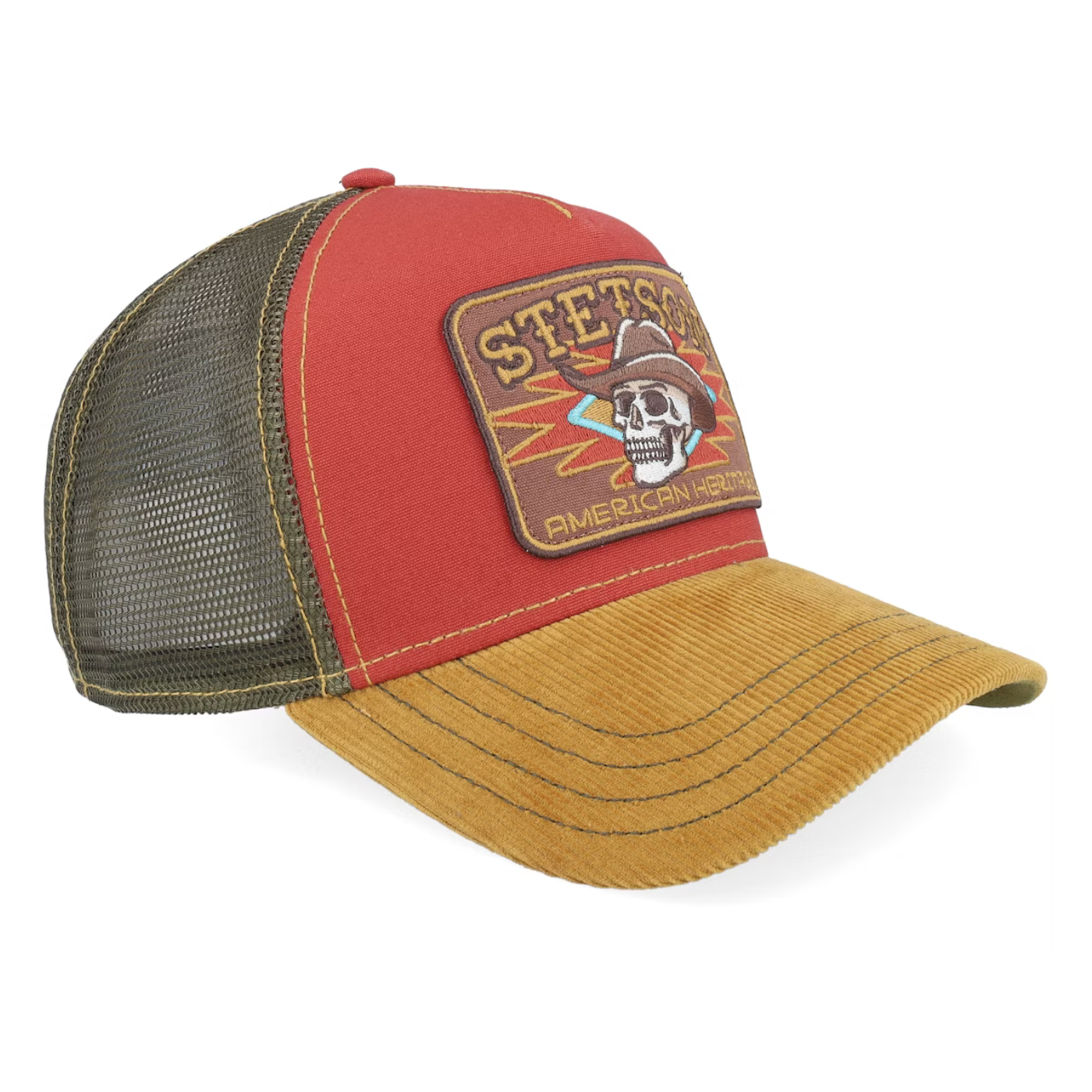 Red and brown trucker hat with Stetson logo on a white background