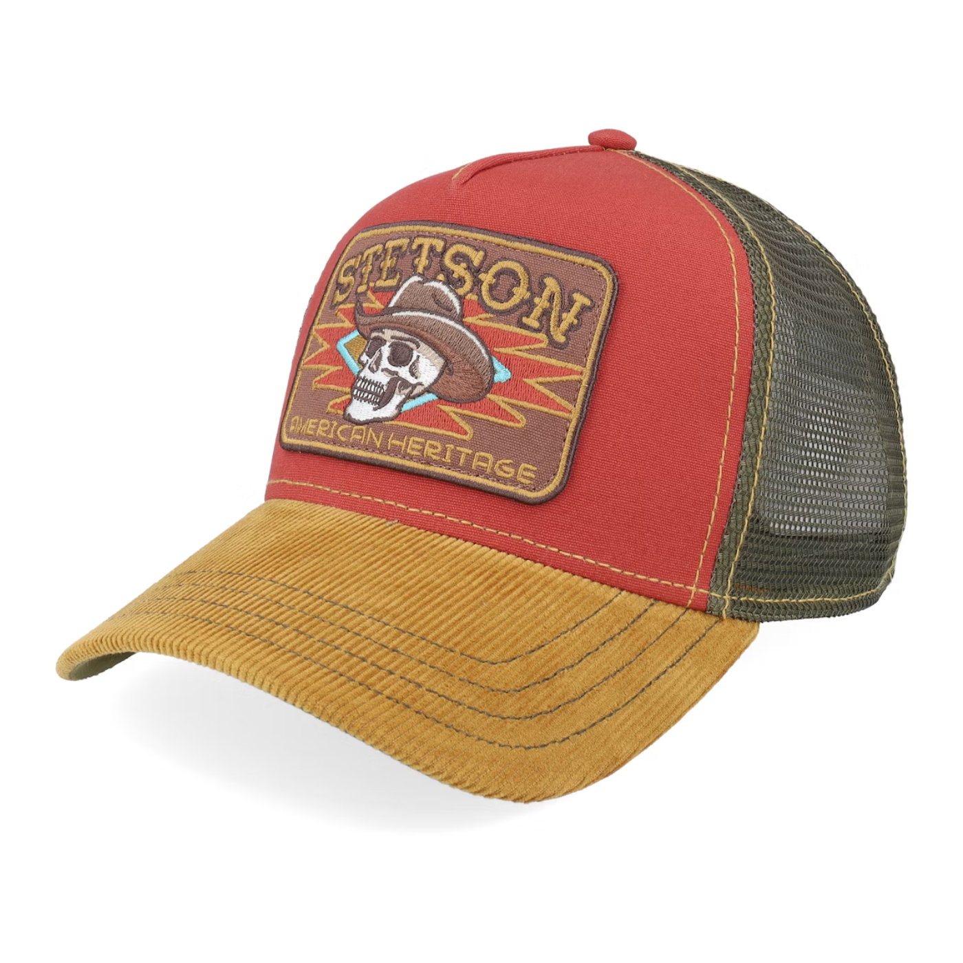 Red and mustard yellow trucker hat with a skull and crossbones design on a white background