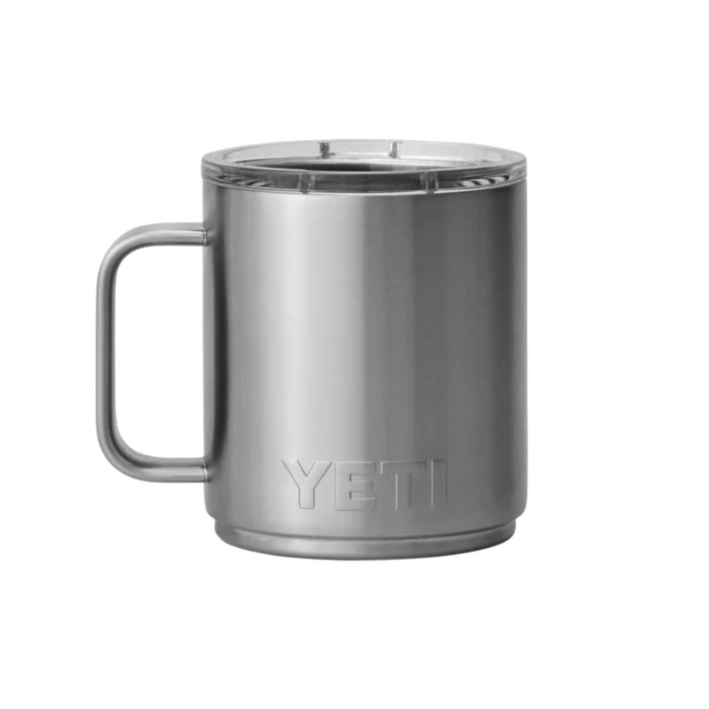 Silver YETI mug on a white background