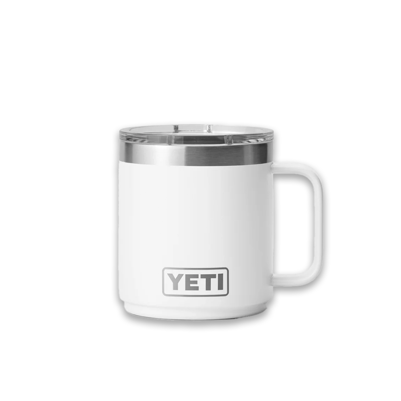 A green YETI RAMBLER 10 oz insulated mug with a stainless steel rim and handle.