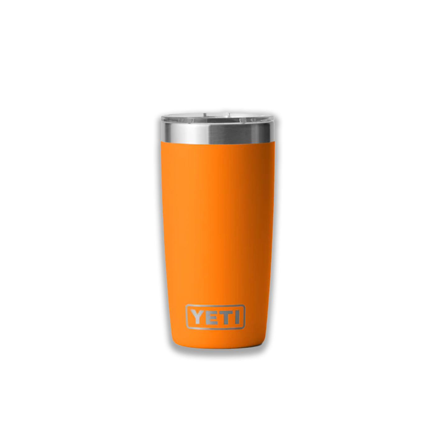 An orange YETI tumbler with a stainless steel rim on a white background.