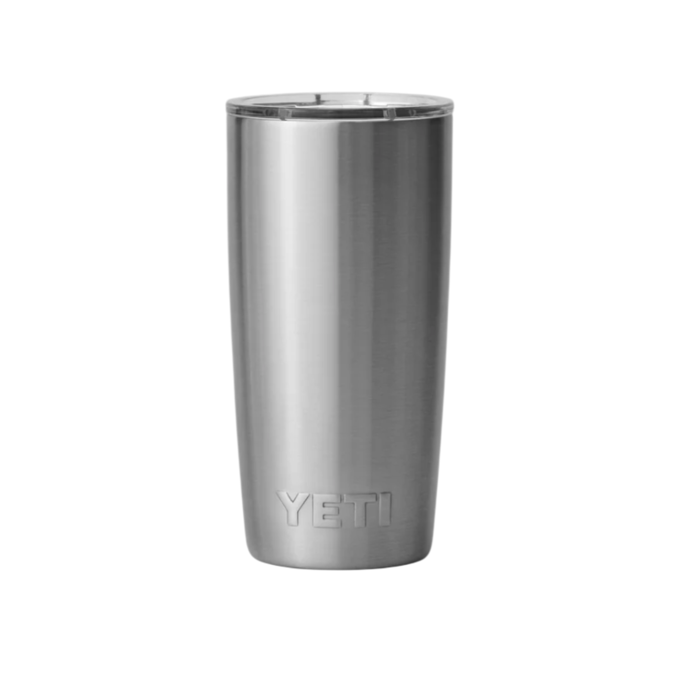 Silver YETI tumbler on a white background