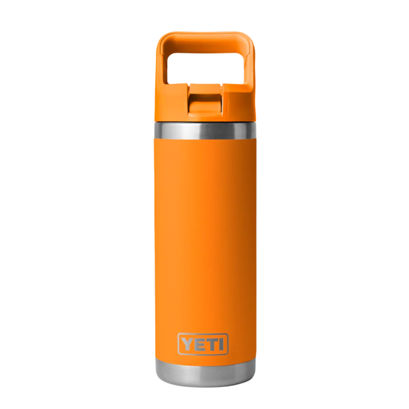 Orange YETI water bottle with a silver base and lid on a white background
